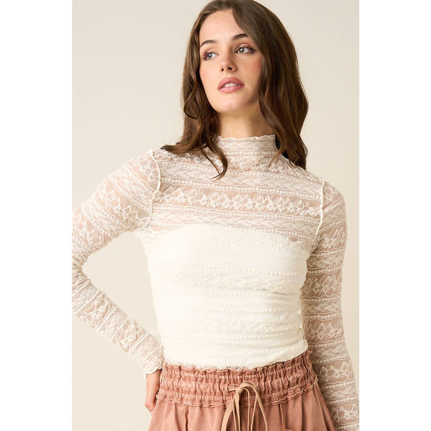 TEXTURED MOCK NECK LACE MESH TOP