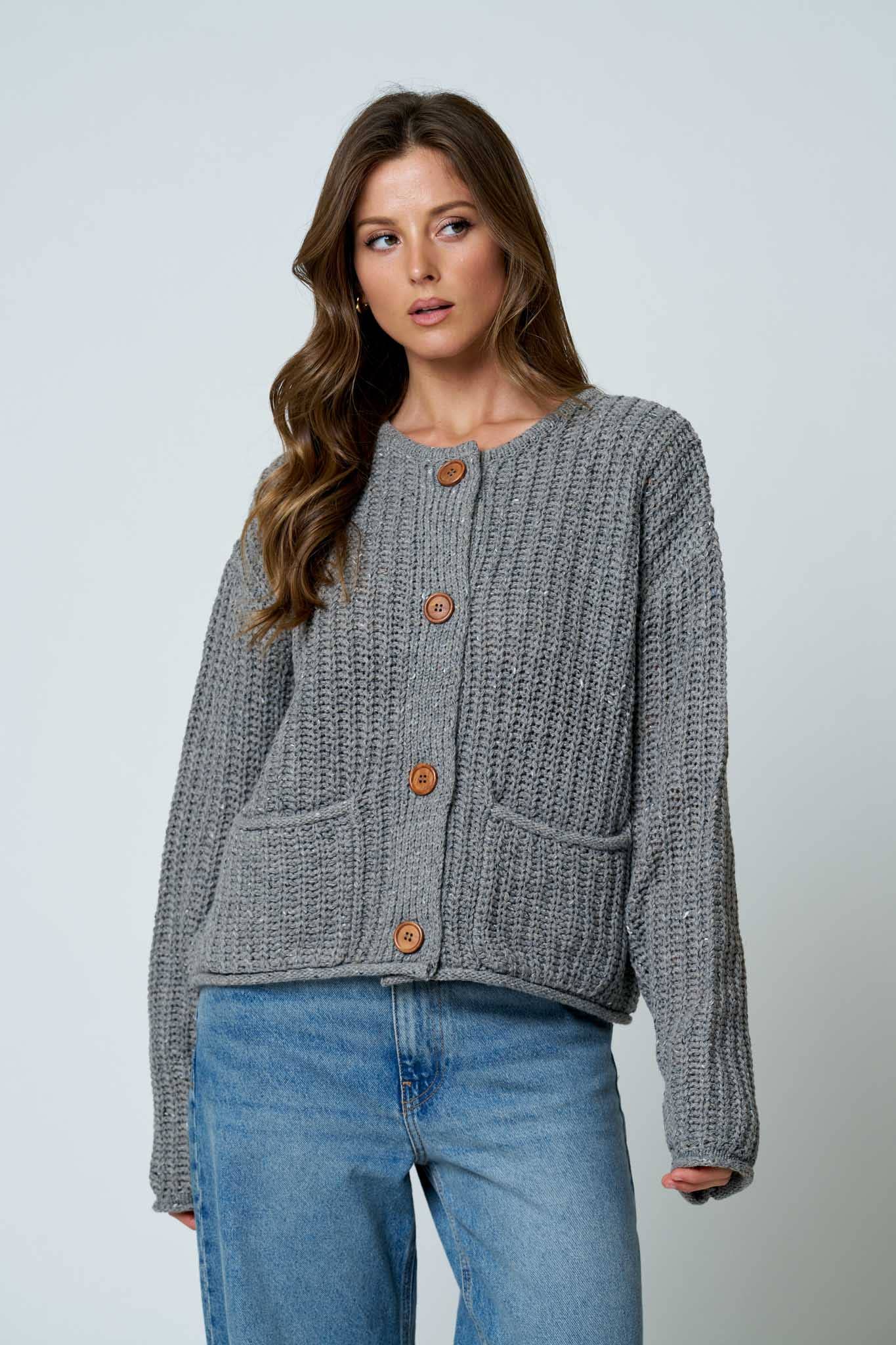 MARLED BUTTON DOWN  RAW EDGE CHUNKY KNIT CARDIGAN
