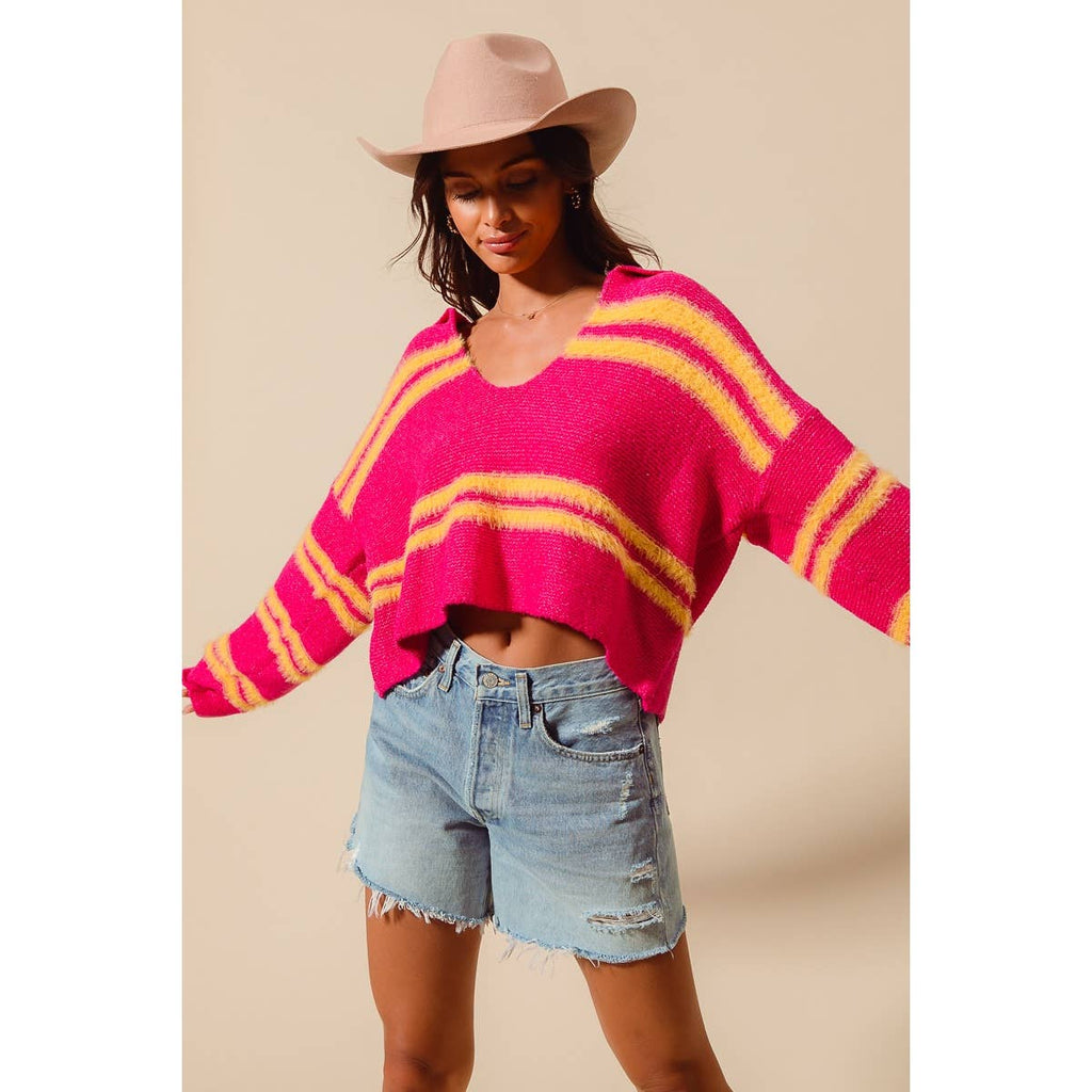 FUZZY HAIRY STRIPE DEEP U NECK SWEATER TOP