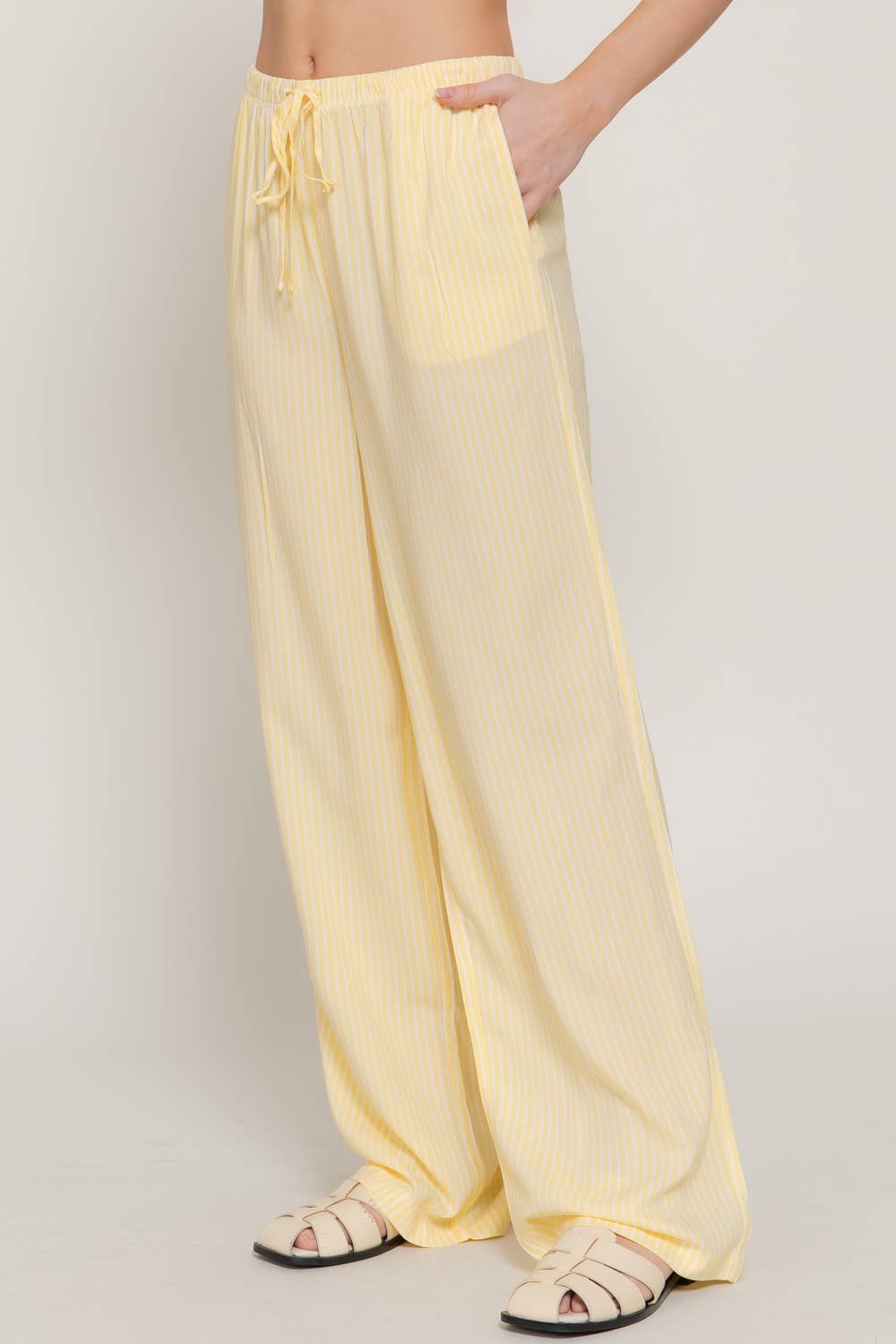Waist Band with String Stripe Print Woven Pants