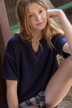 CONTRAST STITCH DROP SHOULDER CUFF SLEEVE KNIT TOP