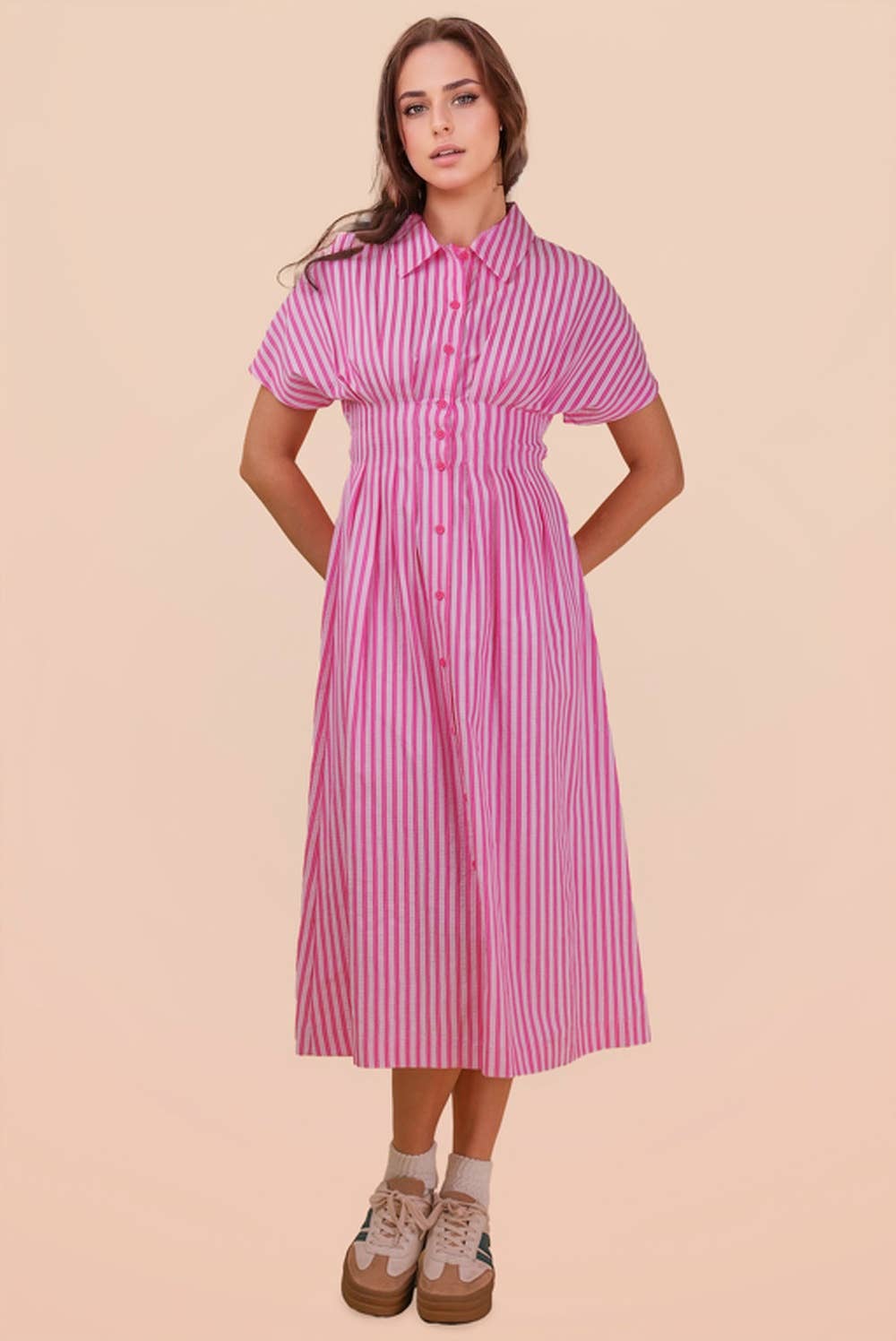 ND32074-Stripe Waist Pleated Midi Shirt Dress