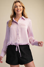 Collar Neck Long Sleeve Adjustable Drawstring Hem Shirt
