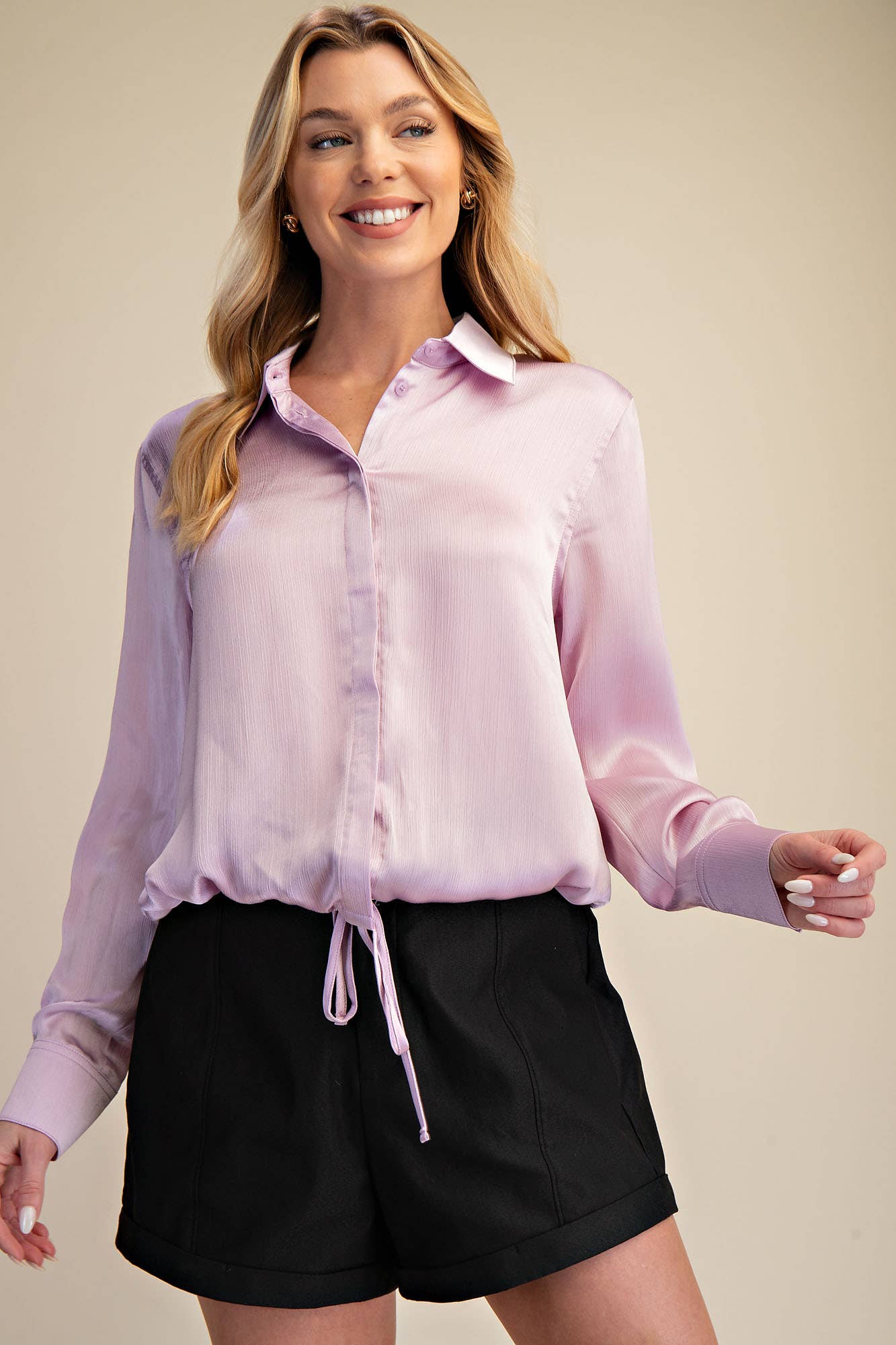 Collar Neck Long Sleeve Adjustable Drawstring Hem Shirt