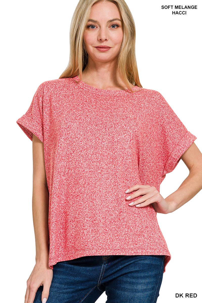 Soft Melange Folded Sleeve Round Neck Top - Zenana