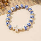 BLUE CERAMIC PORCELAIN CROSS CHARM BRACELET