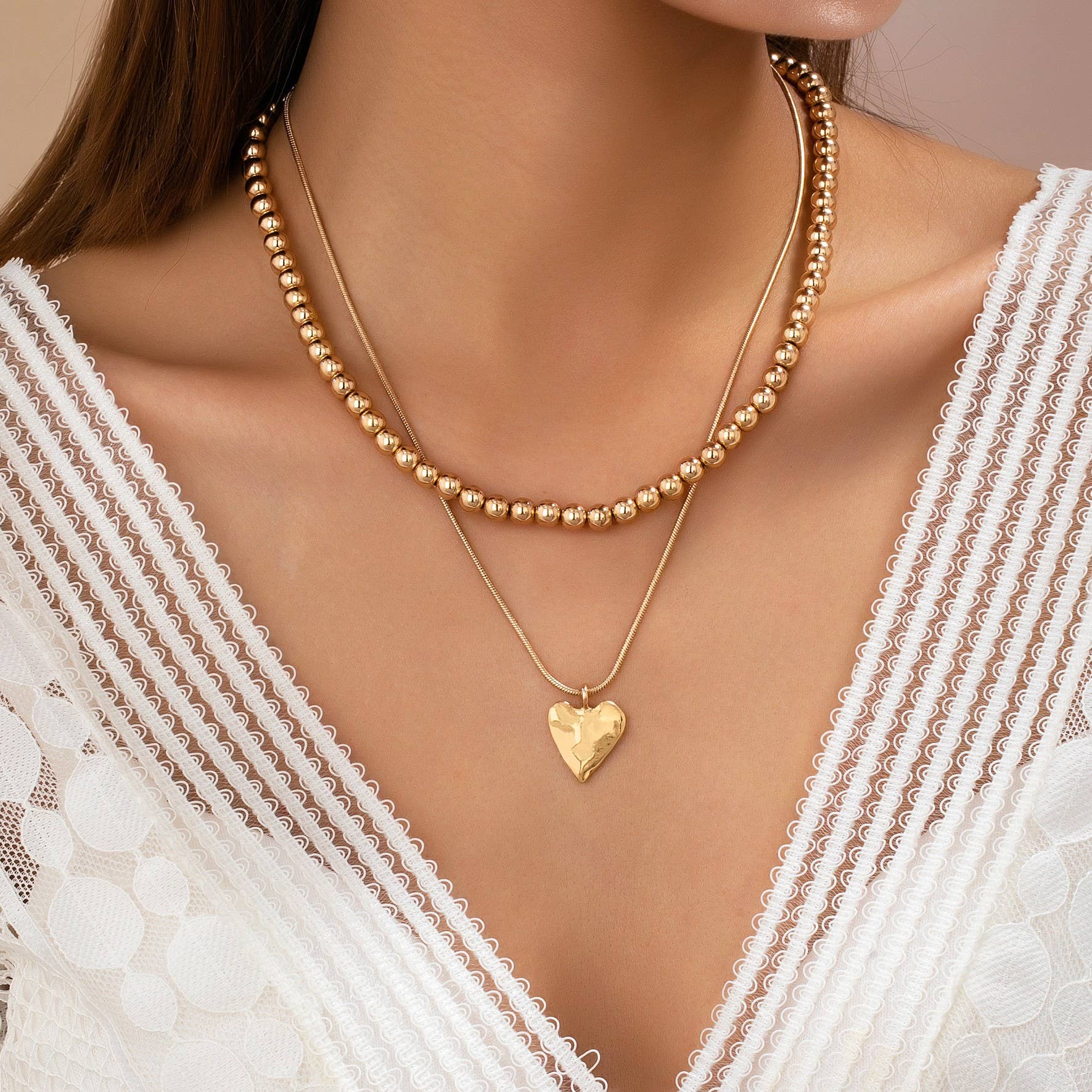 DOUBLE LAYER BALL CHAIN HEART CHARM NECKLACE | 80N92736