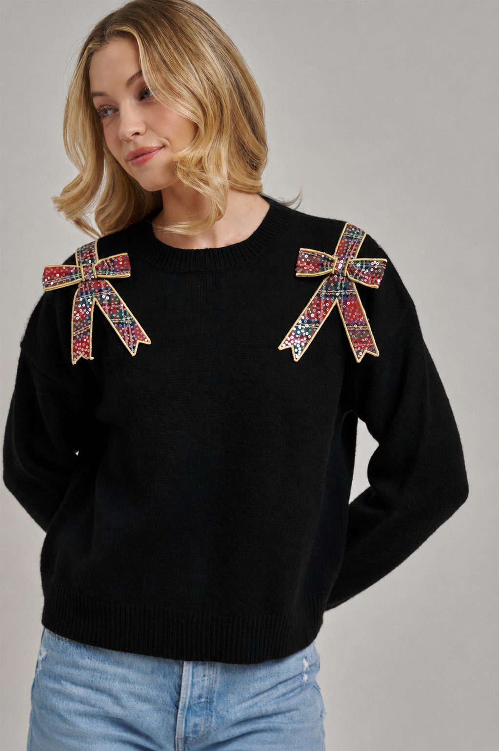 CHRISTMAS HOLIDAY SWEATER TOP WITH BOW APPLIQUES_JLT00420-01