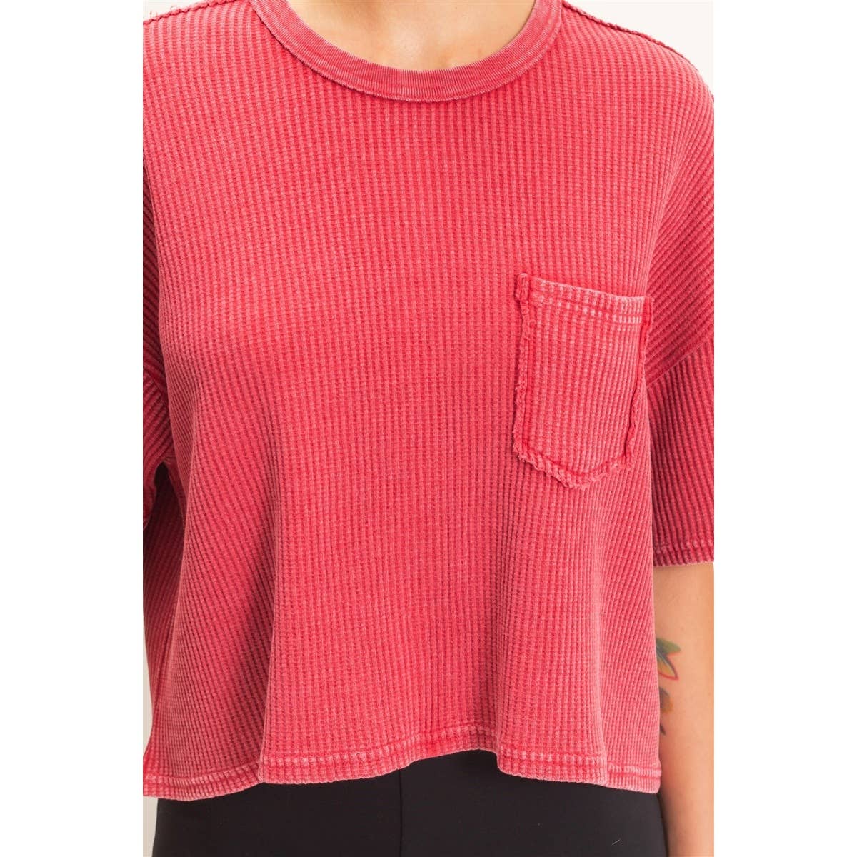 Mineral Wash Waffle Knit Pocket Top