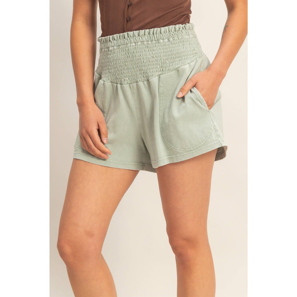Smocked Waist Mineral Wash Shorts