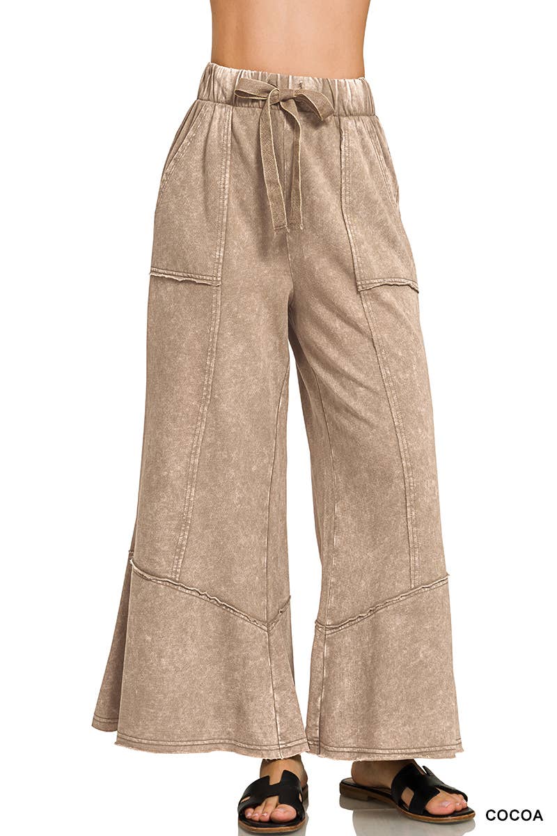 `Acid Washed Flare Hem Pants With Pockets Zenana