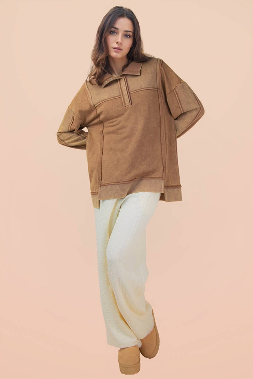 NT12365-Half Button Down Oversized Contrast Knit Top