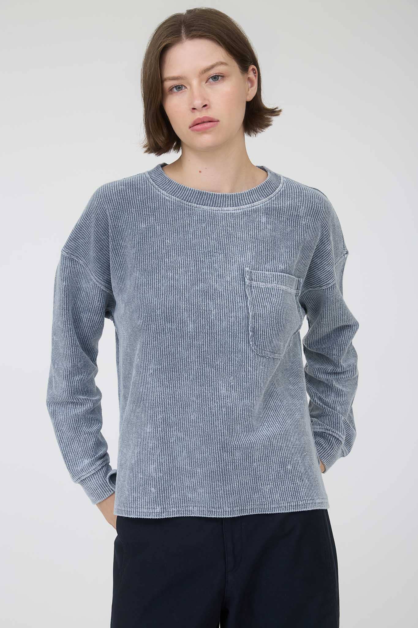WASHED POCKET DETAIL LONG SLEEVE RIB KNIT TOP