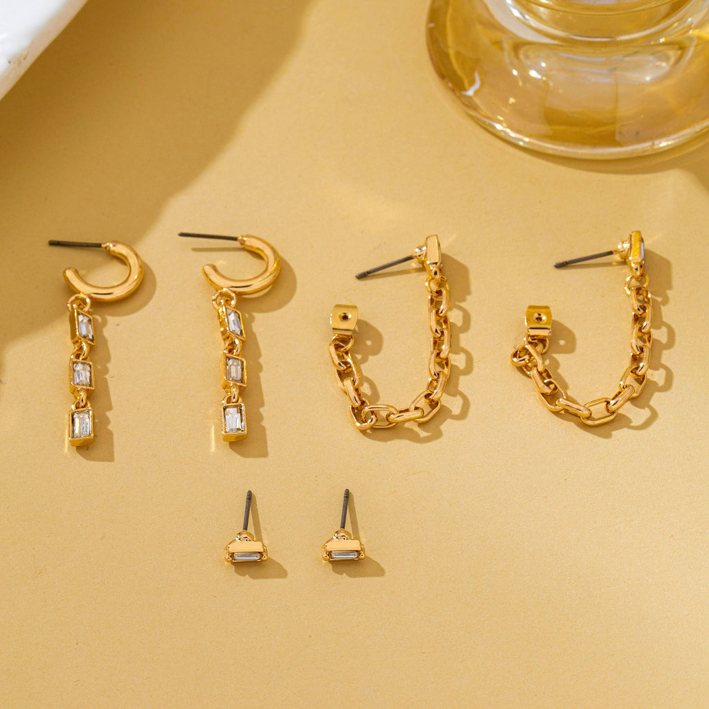 Geometric Baguette Stud & Chain Trio Earring Set | 80E62681