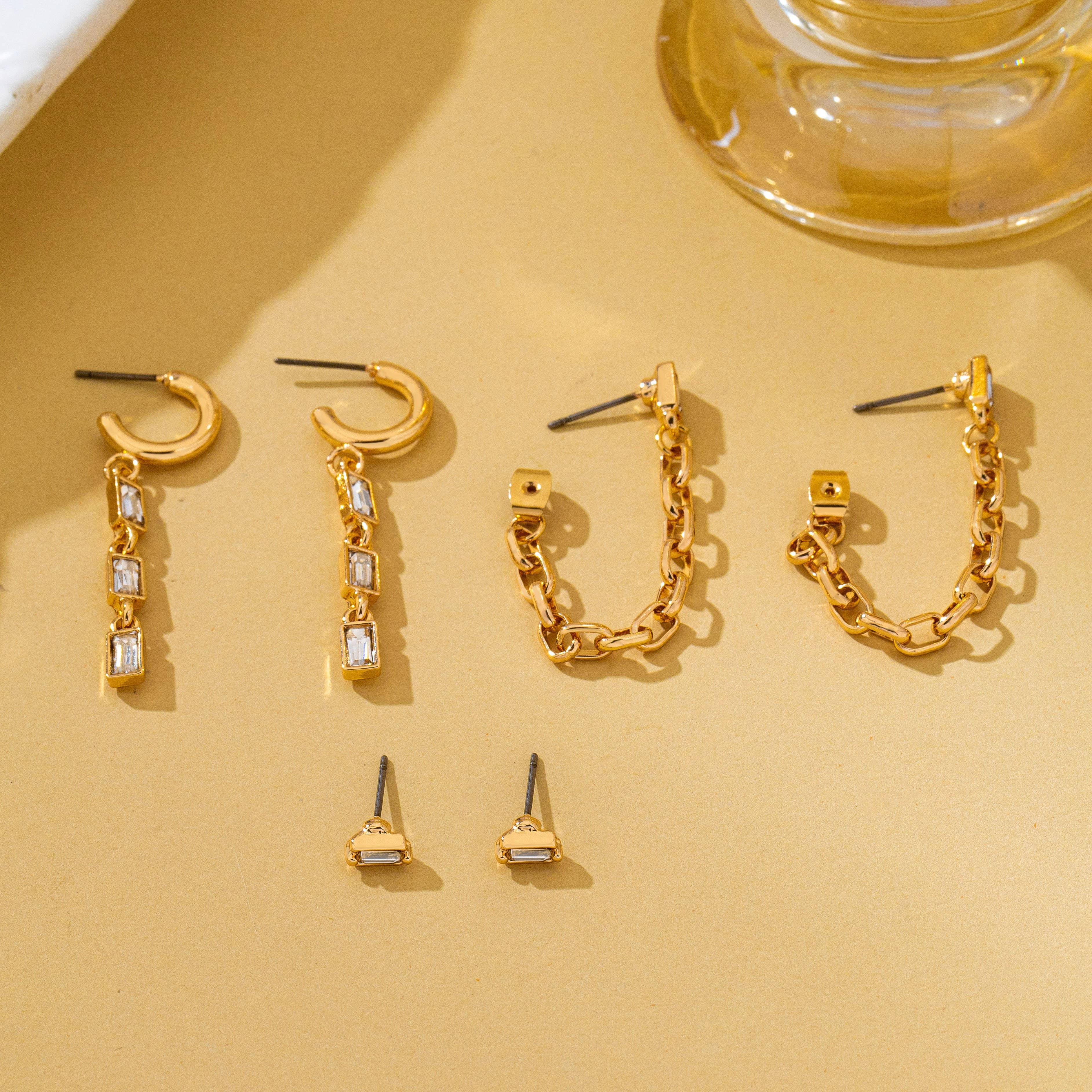 Geometric Baguette Stud & Chain Trio Earring Set | 80E62681