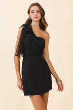 One Shoulder Chiffon Bow Mini Dress