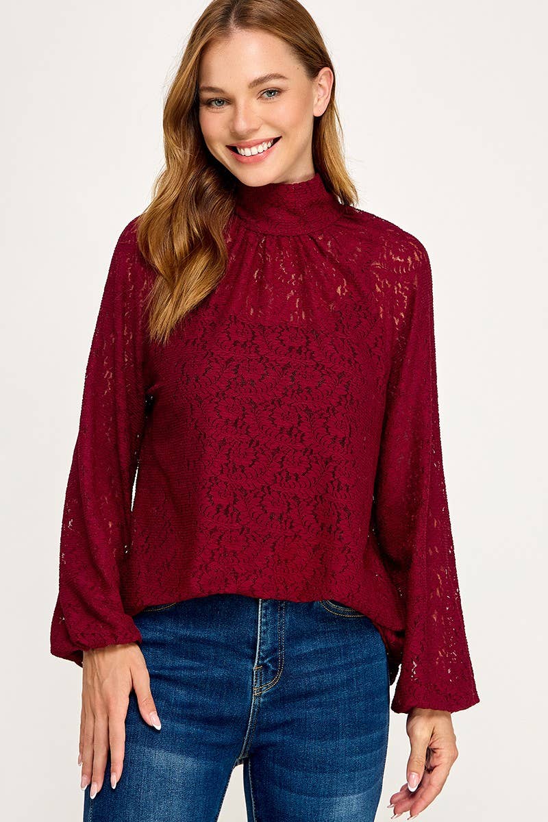 Lace High Neck Back Tie Blouse