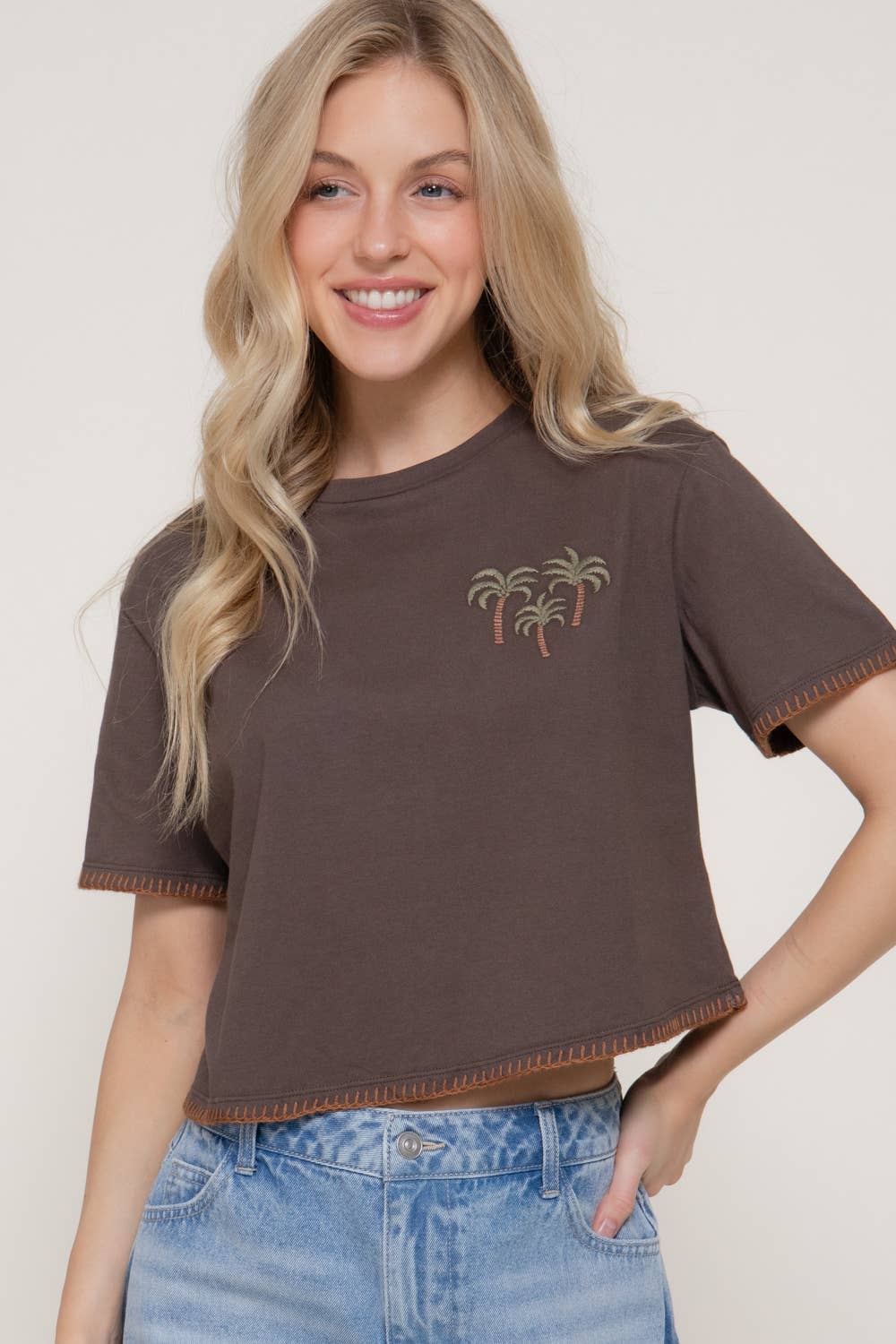 Short Sleeve Round Neck Embroidery Detail Cotton Jersey Top
