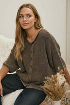 WASHED RIBBED SHORT SLEEVE ROLLED EDGE CARDIGAN
