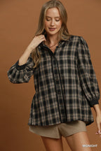 Plaid Button Front Puff Sleeve Blouse