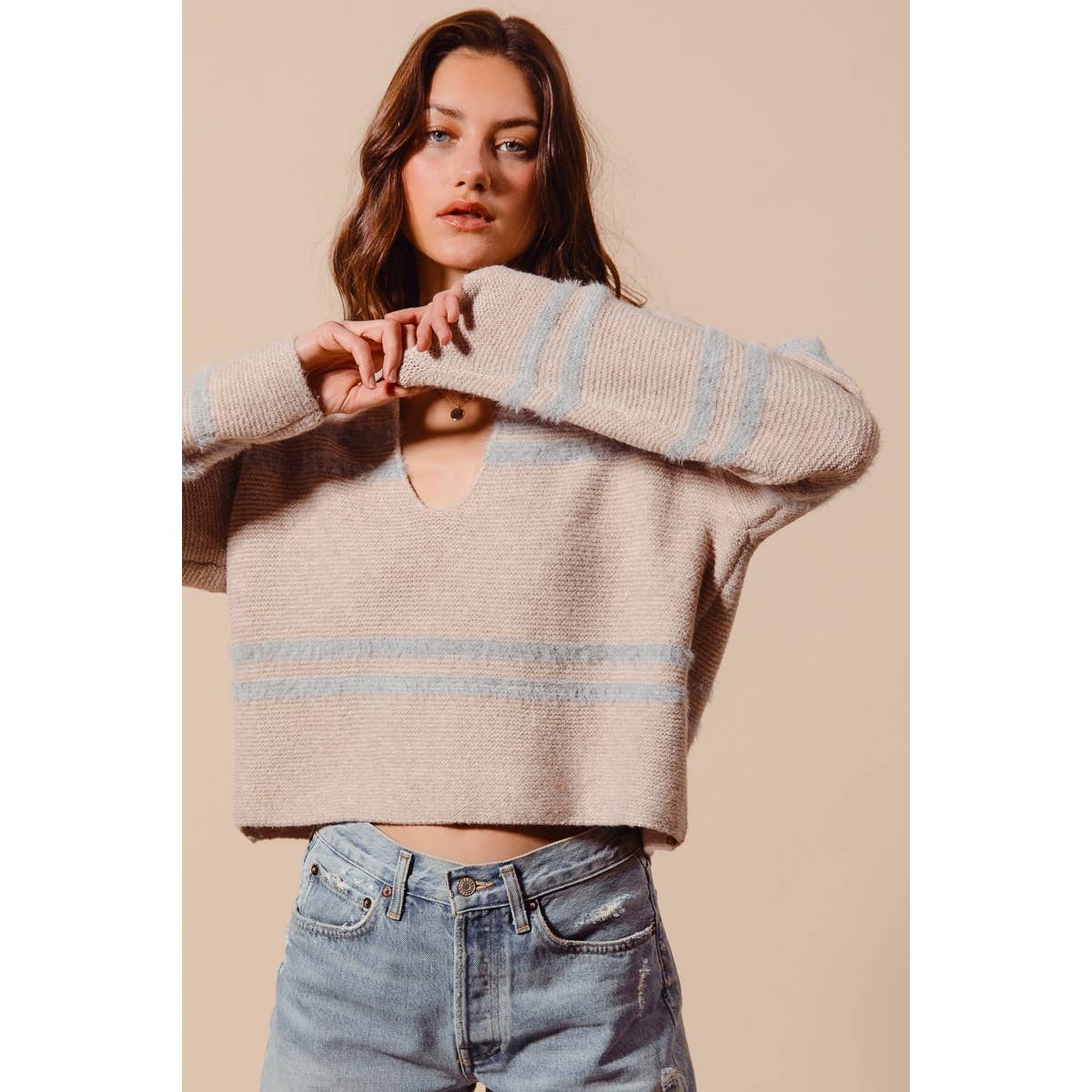 FUZZY HAIRY STRIPE DEEP U NECK SWEATER TOP
