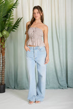 PLAID STRAPLESS FRONT TIE RUFFLE HEM TOP
