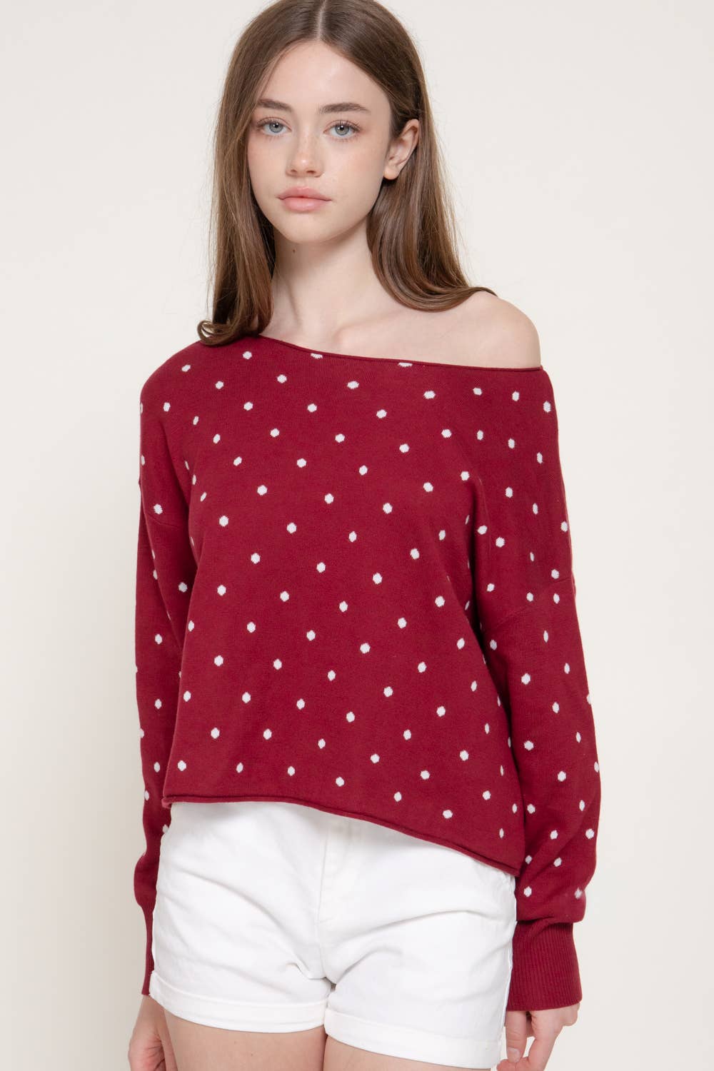 Long Sleeve Asymmetrical Off The Shoulder Dot Sweater Top