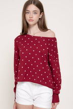 Long Sleeve Asymmetrical Off The Shoulder Dot Sweater Top