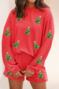 Sequin Christmas Tree Ribbed Long Sleeve Top + Shorts Set