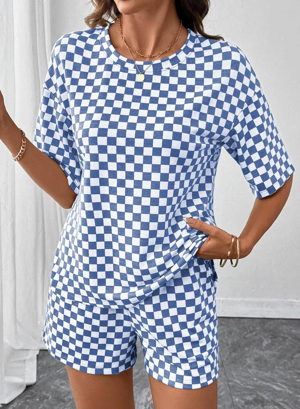 Checkered Short Sleeve Drawstring Lounge Set