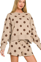 Fleece Polka Dot Print Round Neck Pullover And Shorts Set
