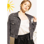 DENIM CROP JACKET WITH PEARL STUDS