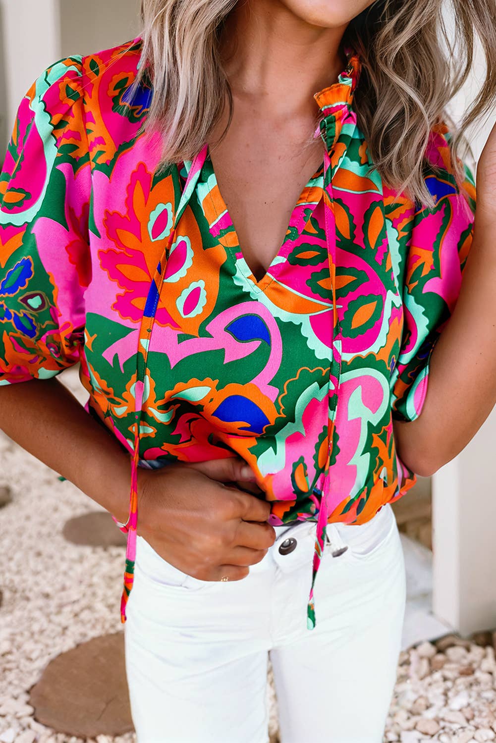 Summer Lace up V Neck Puff Blouse