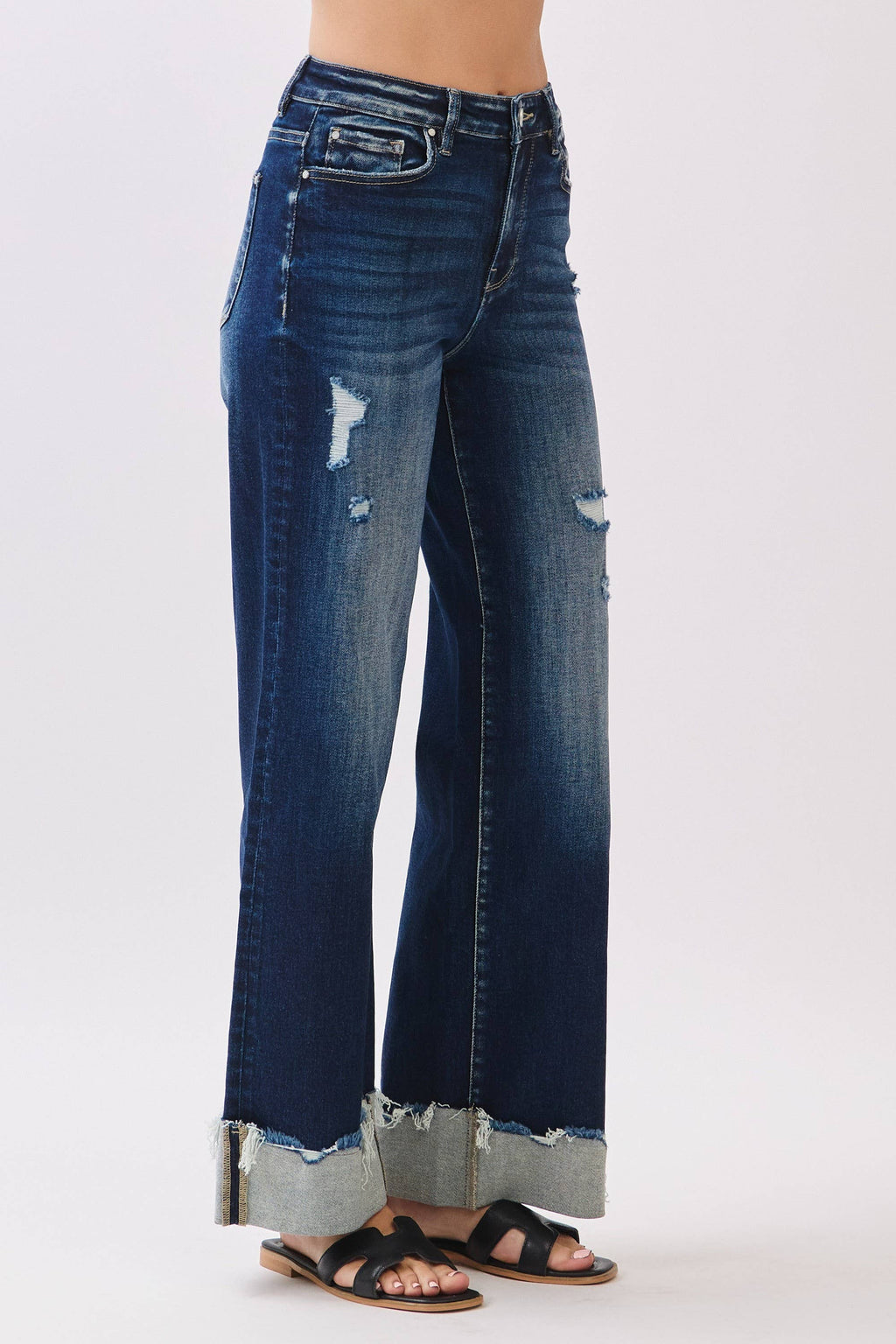 P1554W-DK HIGH RISE STRETCH WIDE LEG W/ CUFFED HEM JEANS