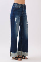 P1554W-DK HIGH RISE STRETCH WIDE LEG W/ CUFFED HEM JEANS