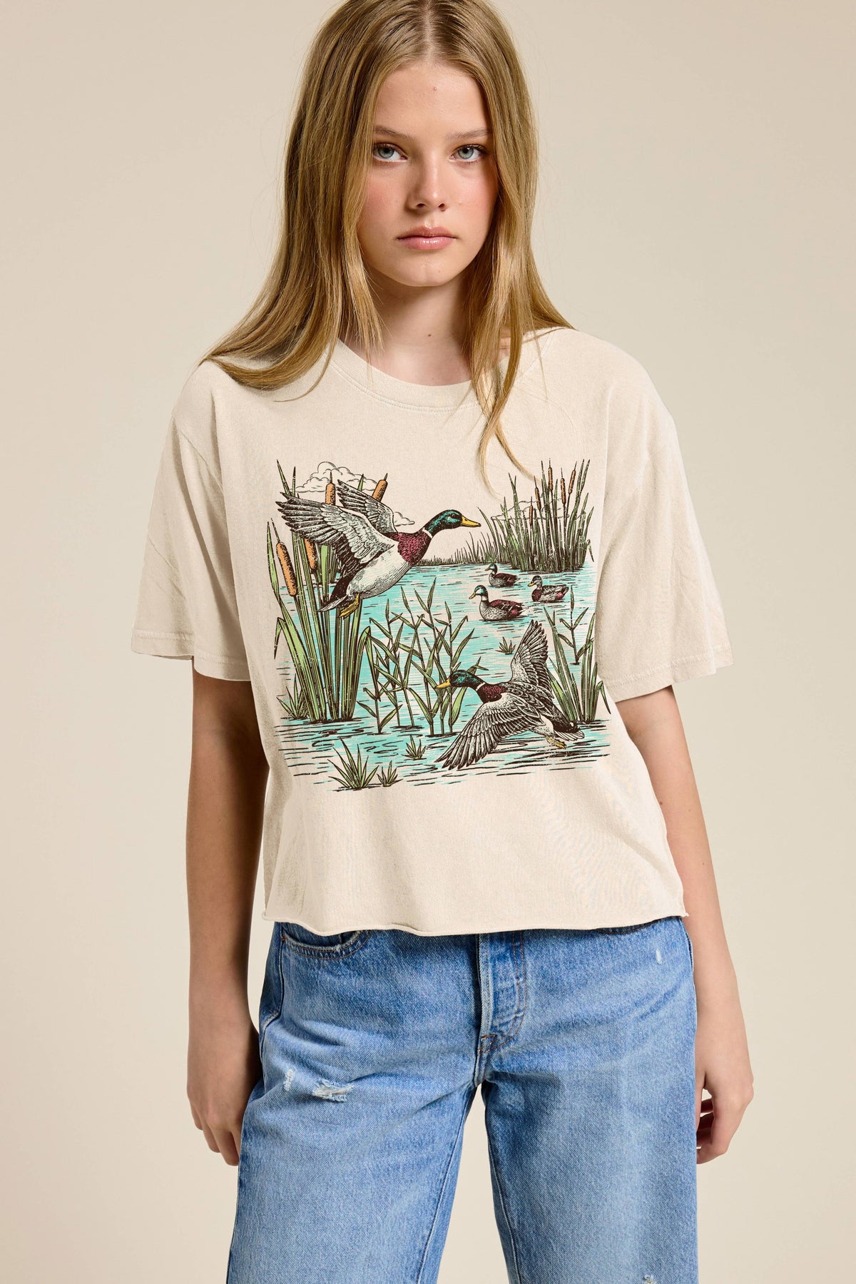 Mallard Ducks Vintage Graphic Raw Hem Faux Crop Tee