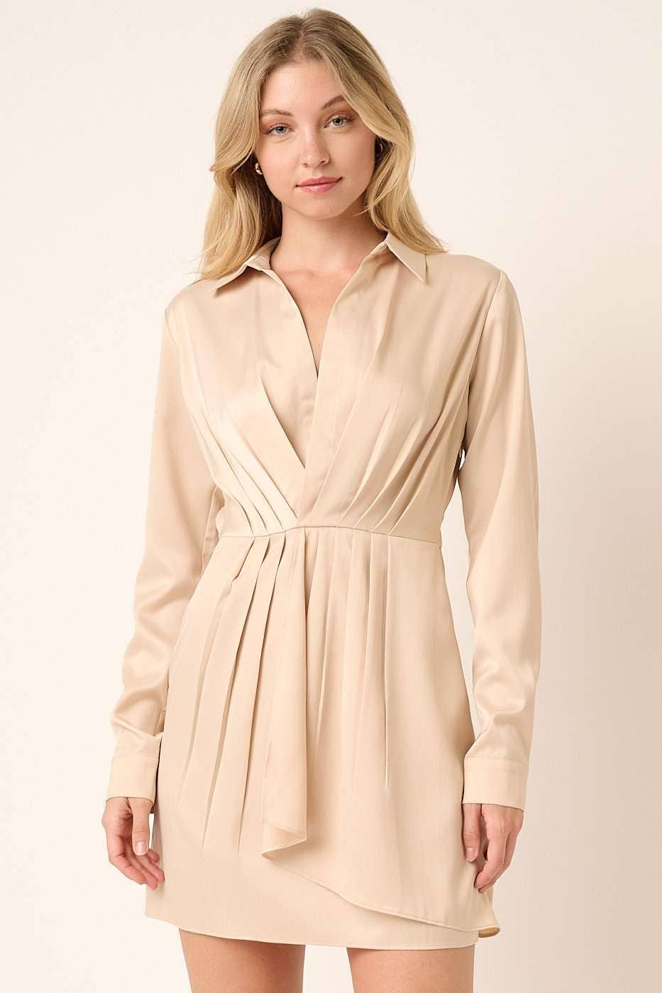 SATIN PLEAT DETAIL SHIRT DRESS