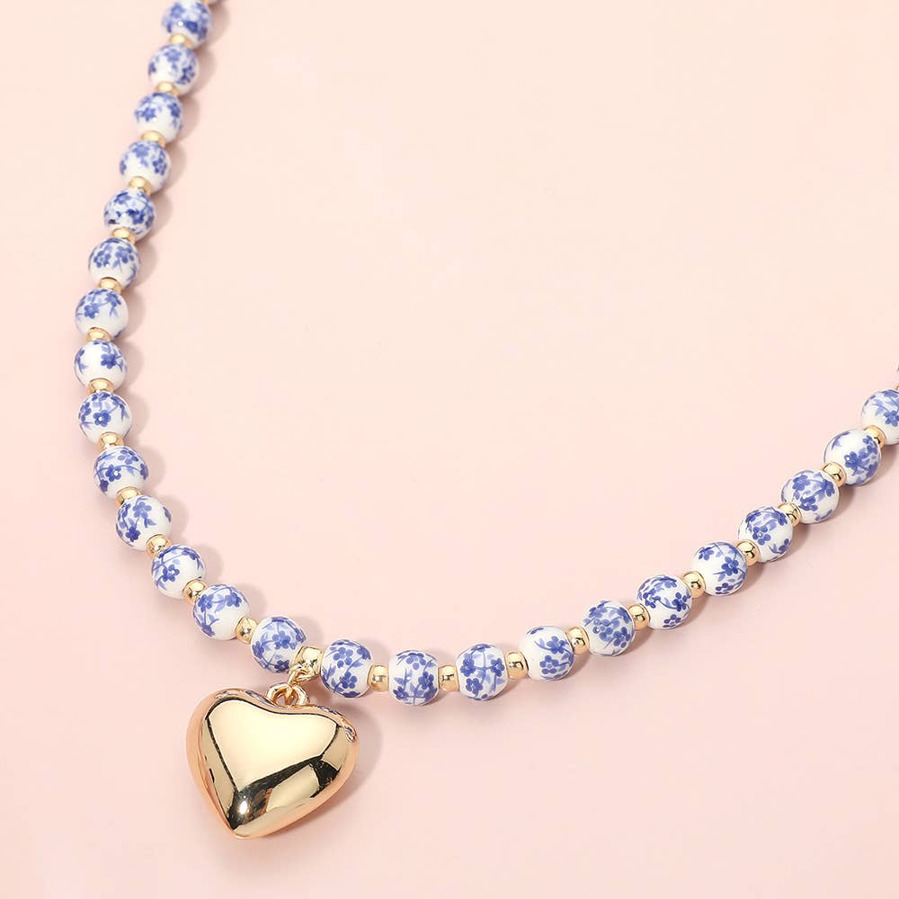 Floral Ceramic Ball Beaded Heart Pendant Necklace