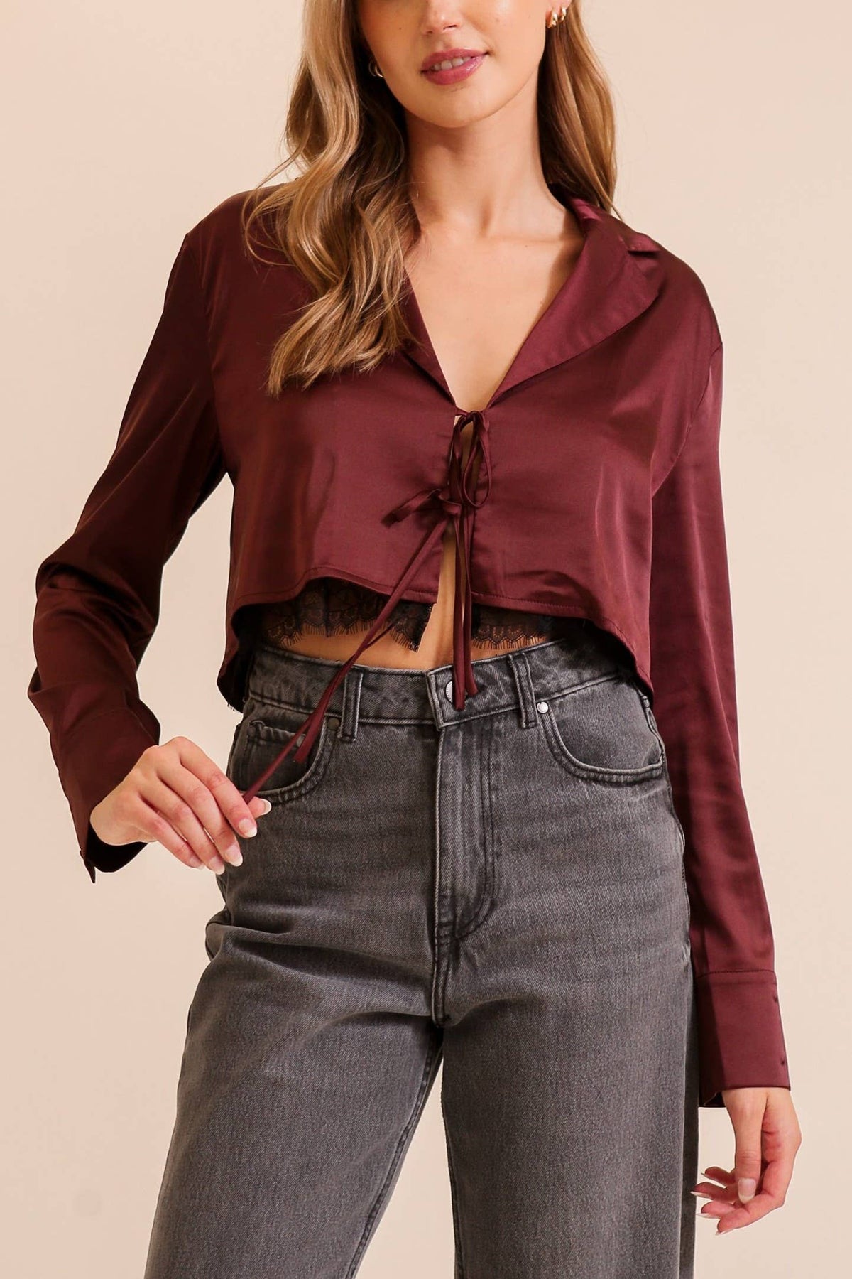 Satin Tie-front Cropped Blazer Top