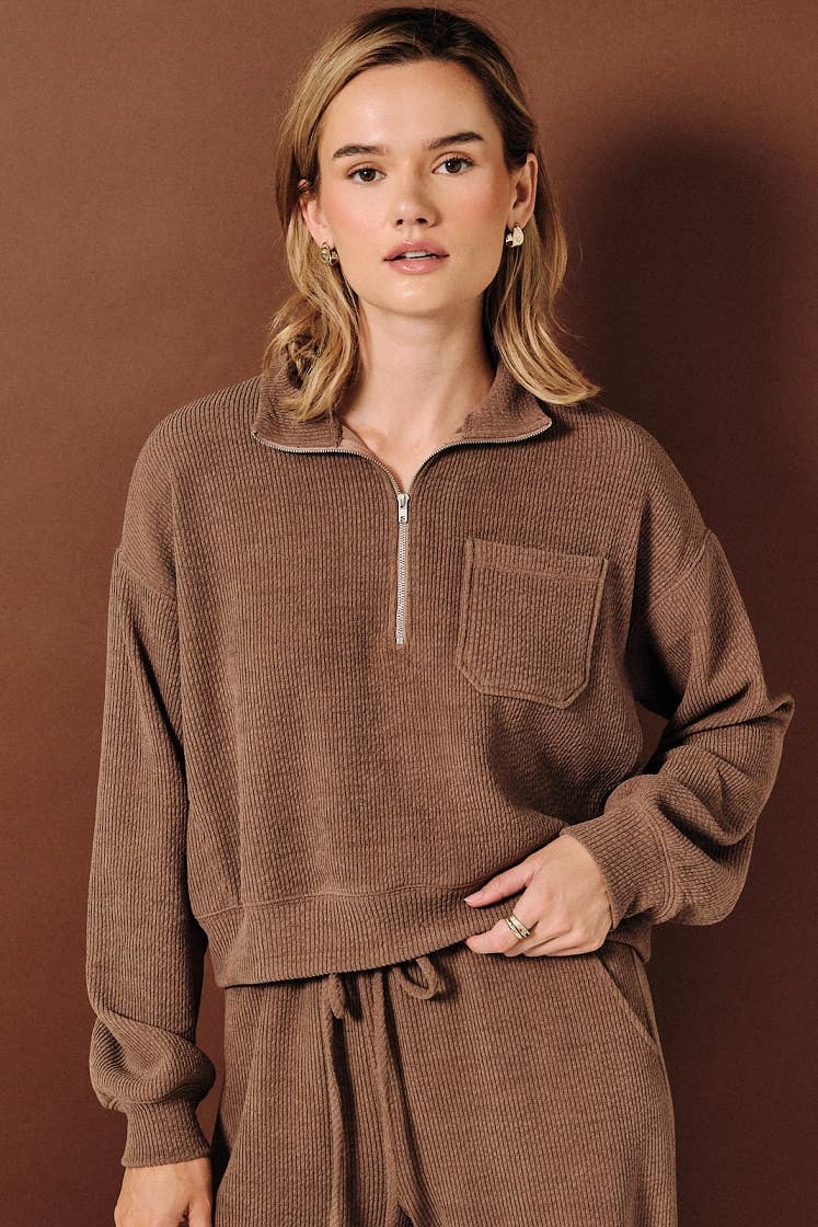 STAND COLLAR LONG SLEEVE PATCH POCKET HALF ZIP PULLOVER TOP