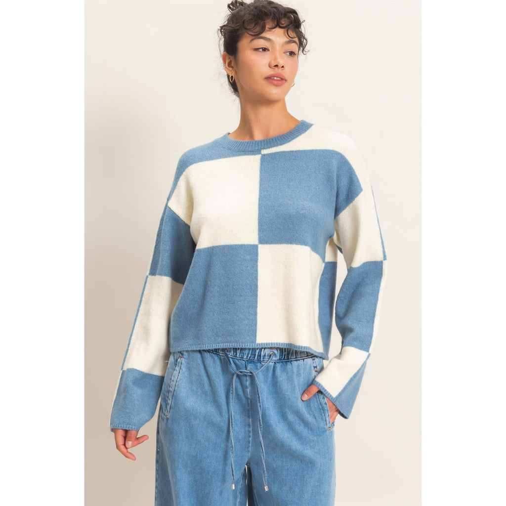 Crew Neck Checkered Sweater