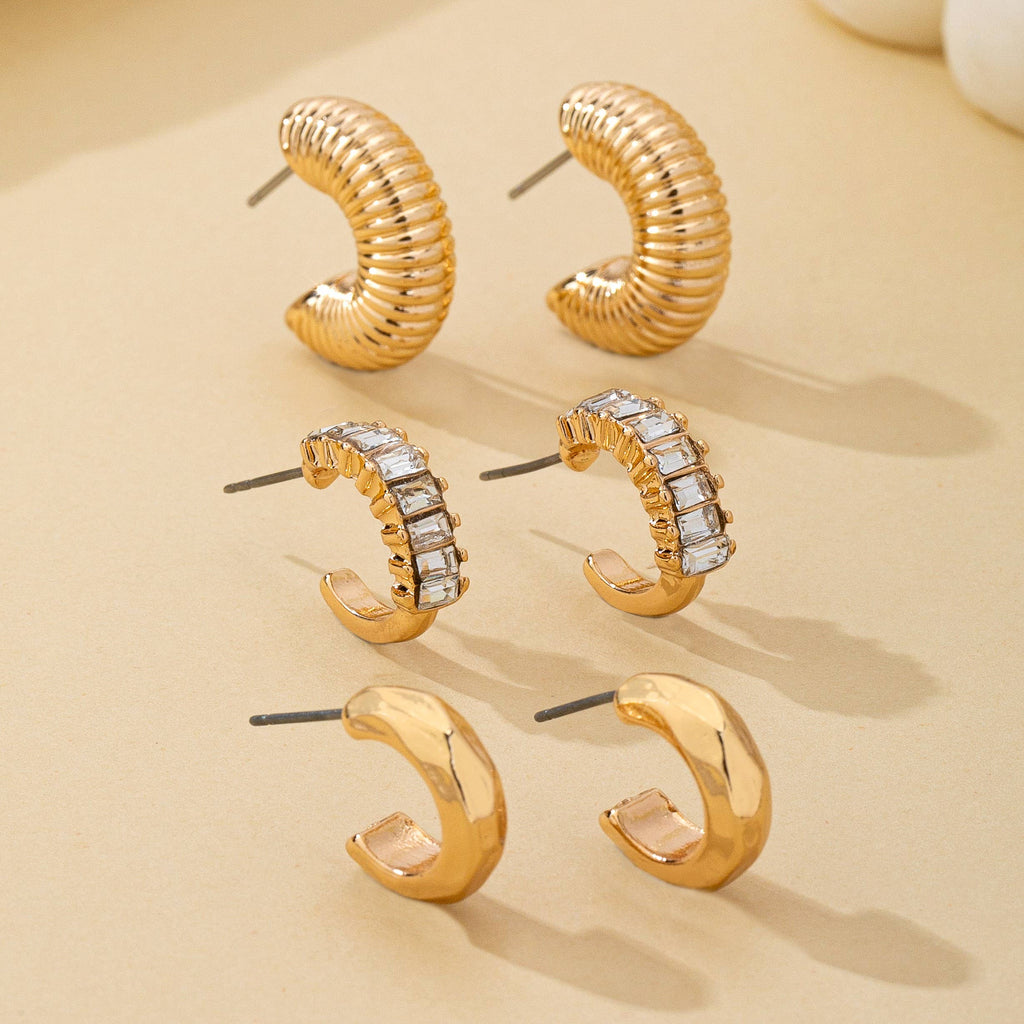 Rhinestone Textured Hoop Earring Set | 80E62138