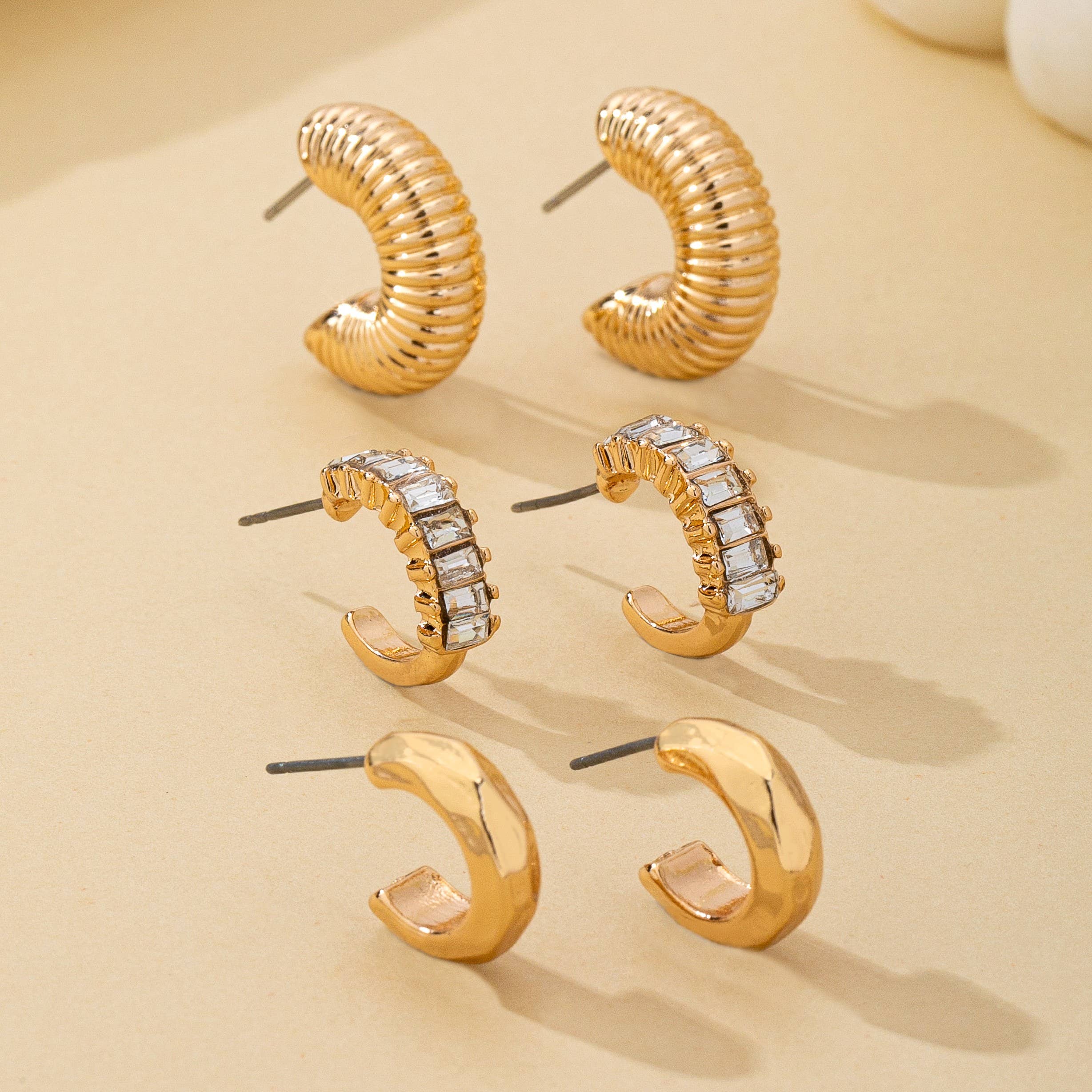 Rhinestone Textured Hoop Earring Set | 80E62138