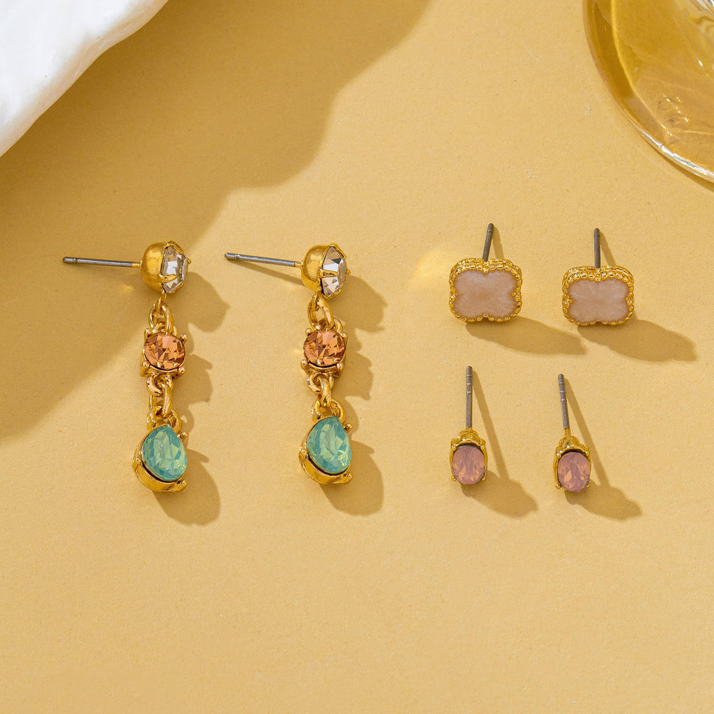 Mixed Clover Rhinestone Stud Drop Trio Earring Set| 80E62676