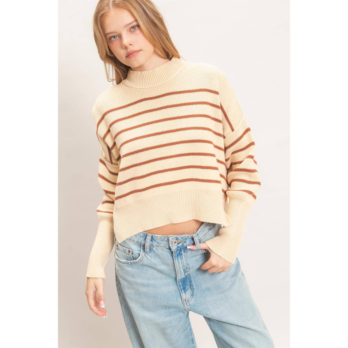 Striped Mock Neck Cropped Sweater