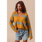 FUZZY HAIRY STRIPE DEEP U NECK SWEATER TOP