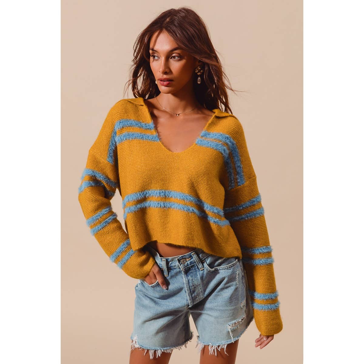 FUZZY HAIRY STRIPE DEEP U NECK SWEATER TOP