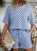 Checkered Short Sleeve Drawstring Lounge Set