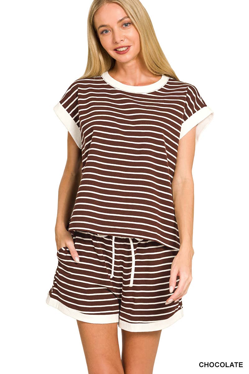 Stripe Contrast Trim Top & Shorts Set