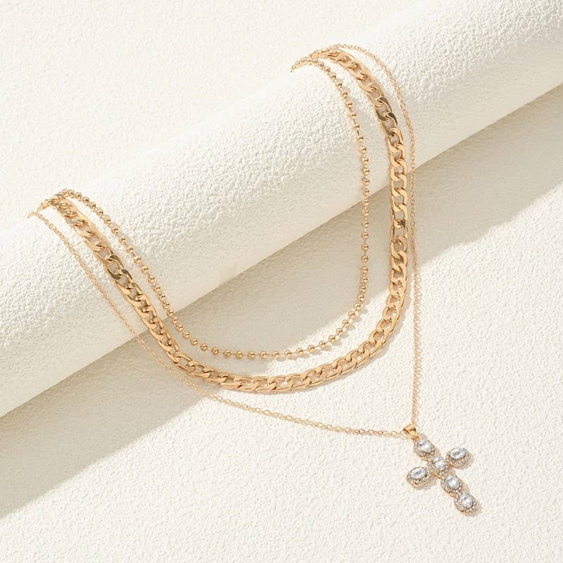 RHINESTONE CROSS MULTI LAYER NECKLACE | 40NK9608